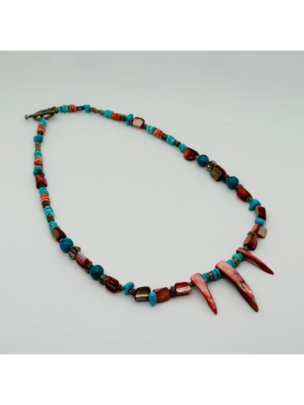 Southwestern Red Spiny Oyster & Turquoise Color Stone Shell Spike Toggle Vintage
